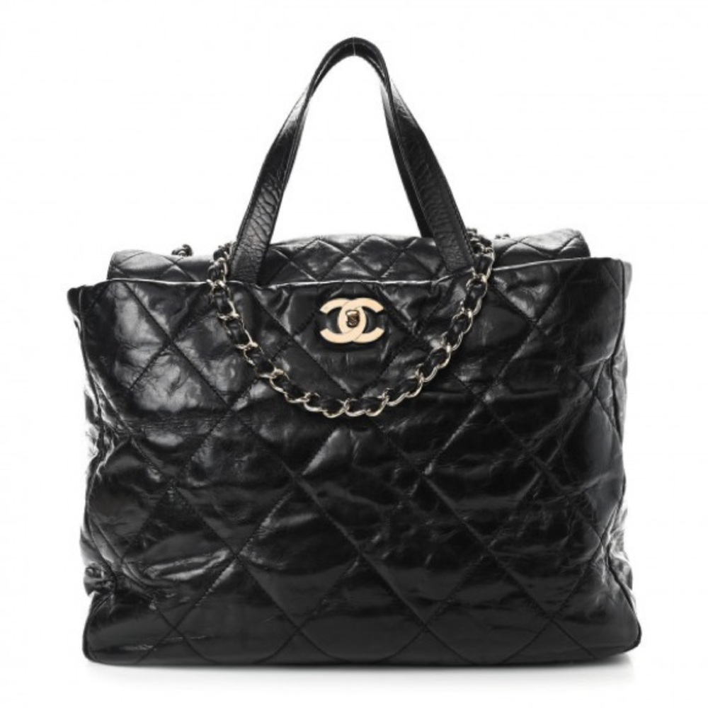 SOLD Glazed Calfskin Lambskin Quilted Portobello Tote Black with gold hardware